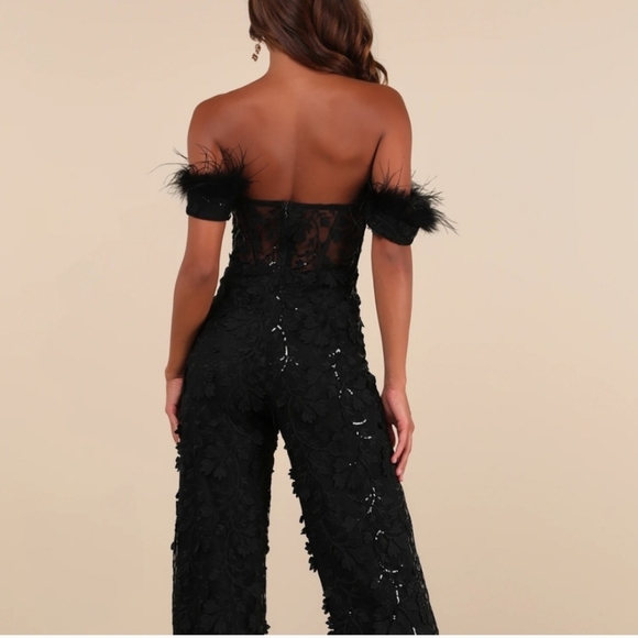 Midnight Sparkle Black Mesh Embroidered Feather Bustier Jumpsuit. - Picture 2 of 7